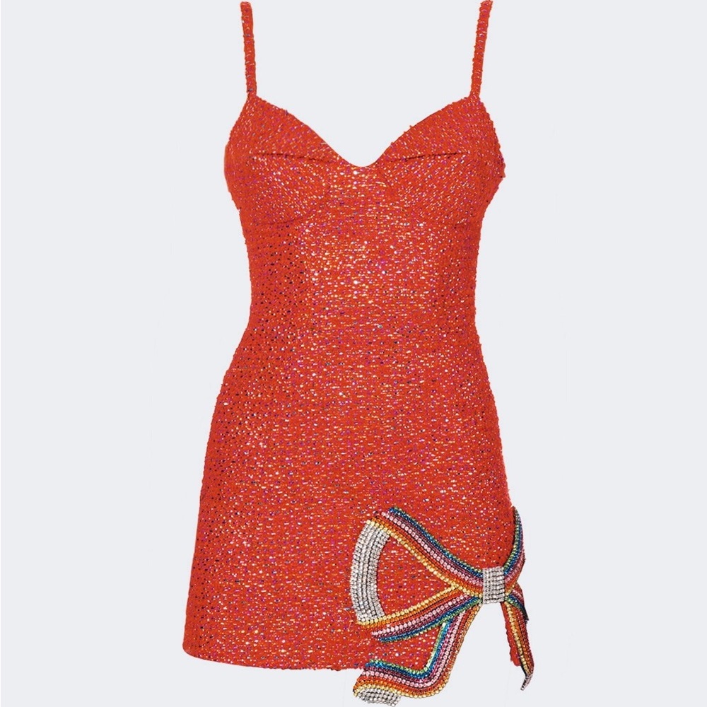 AREA NYC crystal bow dress mini red